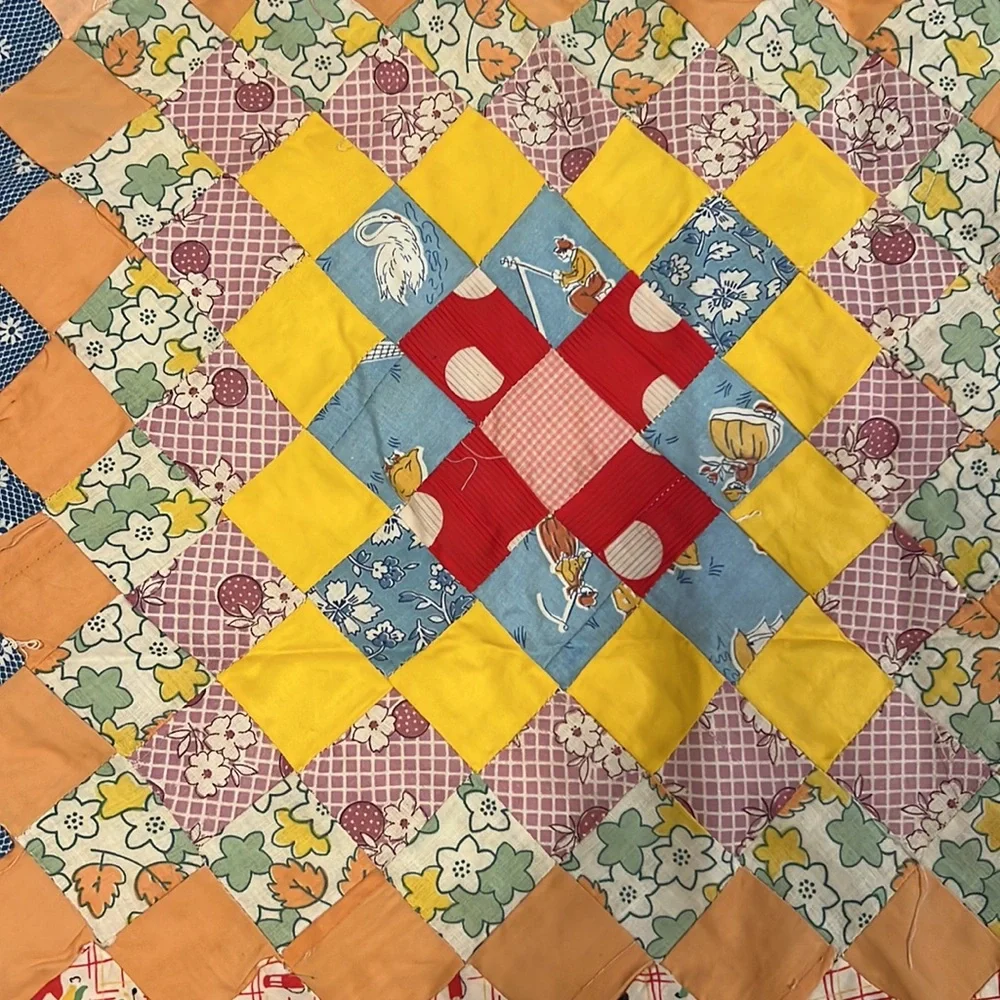 Gorgeous small square quilt topper vintage hand sewn 38” x 52”